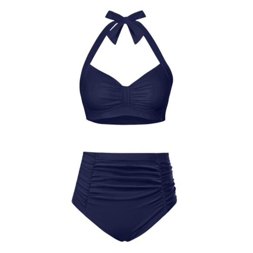 Navy Blue High Waisted Bikini Swimsuit Vintage Halter Top Size XXL NWT #2189